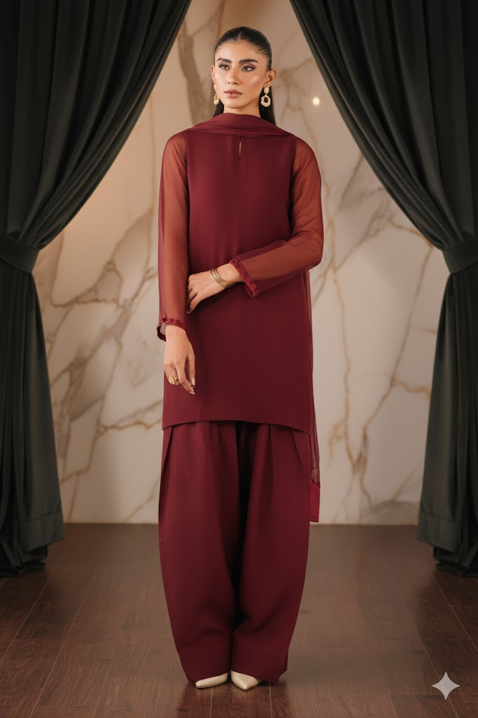 Luxury Pret Solid Chiffon Stitched 3 Piece