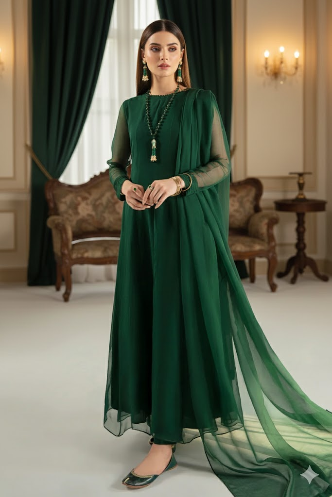 Long Panel Frock – 3 Piece Chiffon Stitched Set